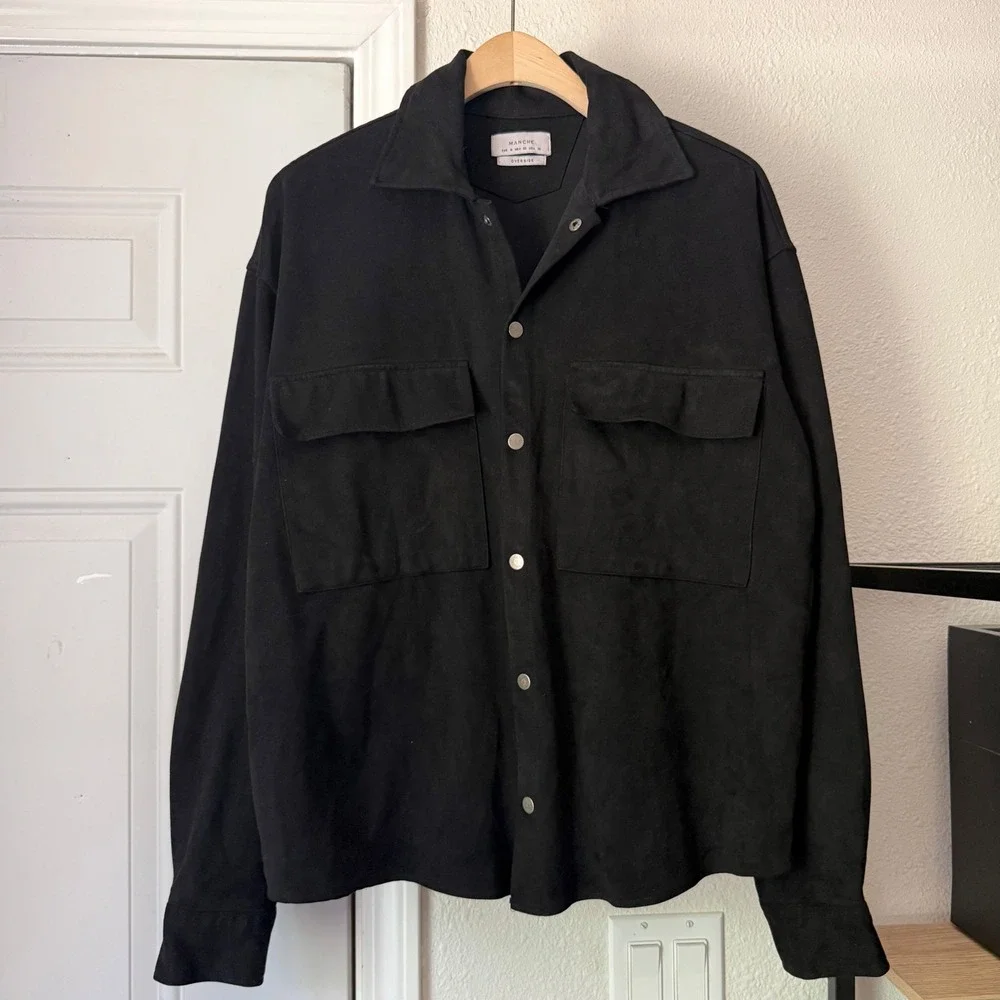 MANCHE men's black faux suede snap button up oversized long sleeve shirt